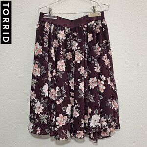 TORRID 0 Burgundy Red Floral Flower Chiffon Romantic Midi Skirt Plus Size 12 L